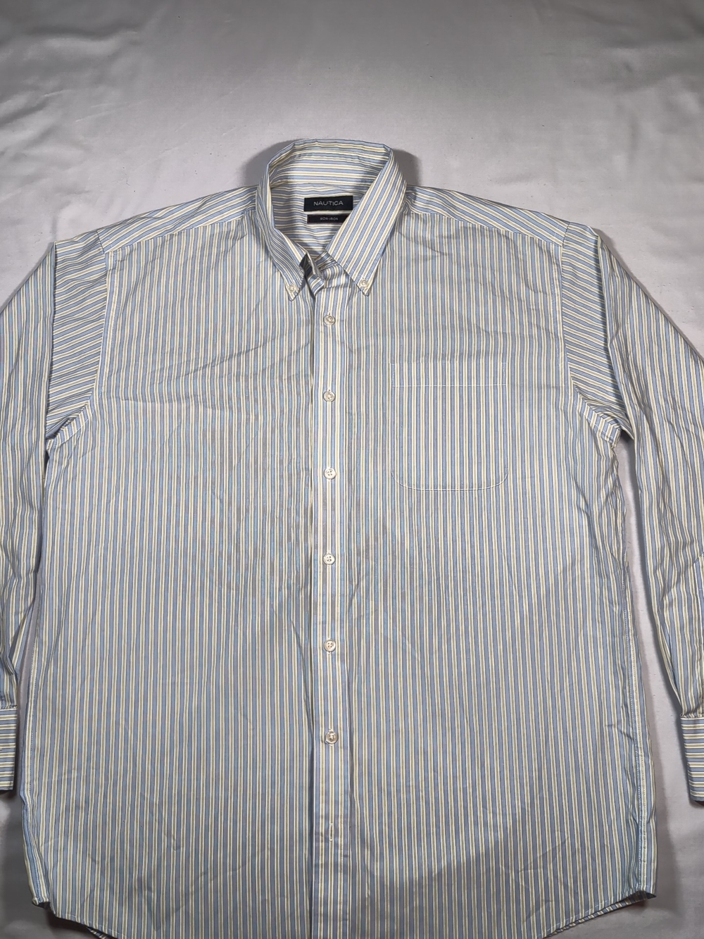 Nautica Men's Light Blue, White & Yellow Stripe Button-Down Shirt 16.5  34/35